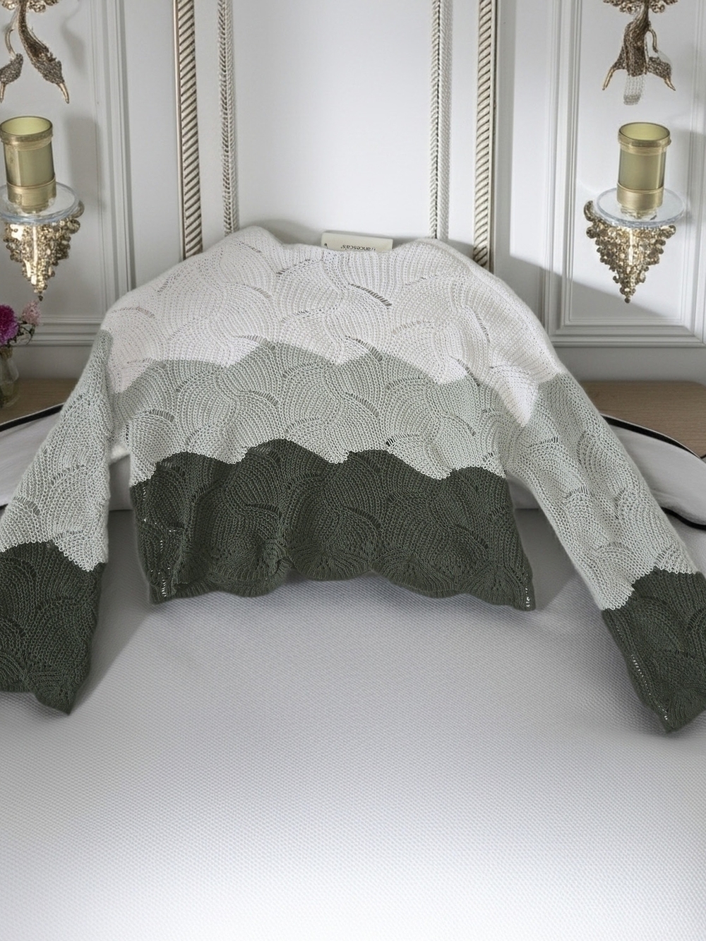 Francesca's Collections V-Neck Crochet Sweater in Cream, Sage & Olive NWT Size S - Picture 2 of 6